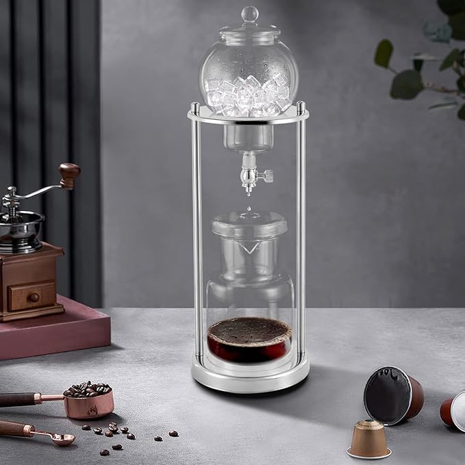 Ice Cold Brew Dripper Coffee Maker, 600Ml Ice Coffee Makers Cold Brew Machine Stainless Steel and Borosilicate Glass Copper Coffee Maker Extraction Approx 4h 2drops/S for 6-8 People (Silver)