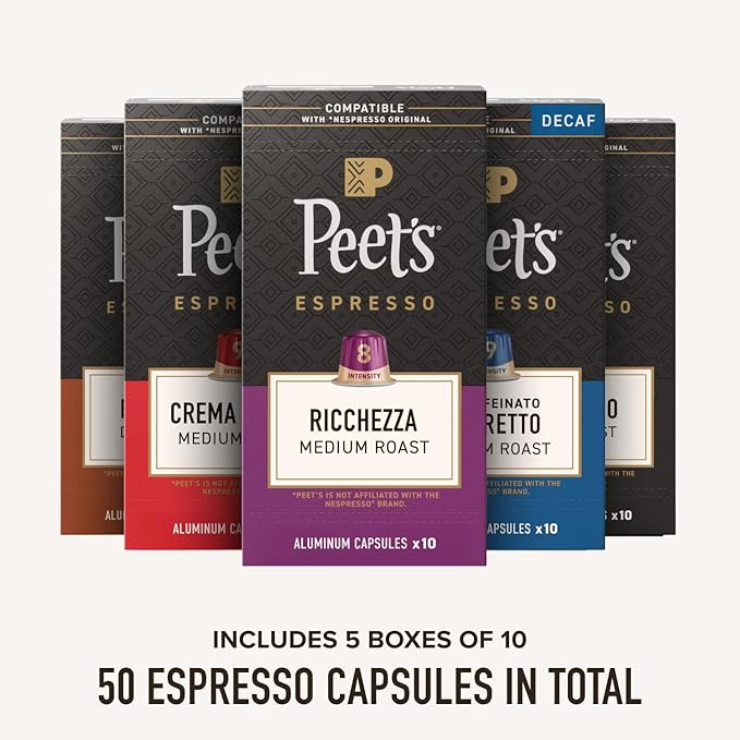 Peet's Coffee, Dark and Medium Roast Espresso Capsules Variety Pack with Decaf, Compatible with Nespresso Original Machine, Arabica Coffee - Intensity 8-11, 50 Count (5 Boxes of 10 Espresso Capsules)