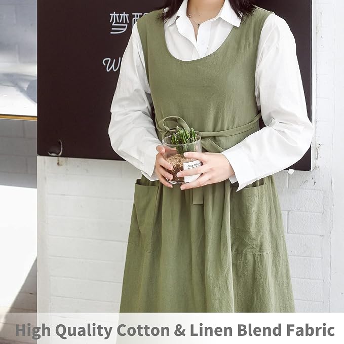 Premium Plus Size Apron with Pockets Adjustable Waistline Bib Apron,Soft Cotton Blend Apron Pinafore Dress for Baking Cooking Gardening(XL,Green) - Image 4