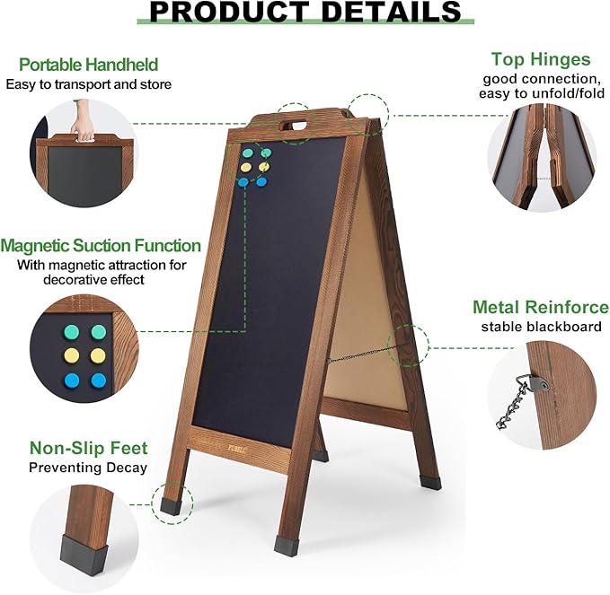 Magnetic Sandwich A-Frame Chalkboard Sign - 40 x 20 Inches, Brown Large Wooden Chalk Board for Sidewalk, Stand up Double-Sided Outdoor Easel Display for Restaurant Cafe Shop Wedding Party or Business