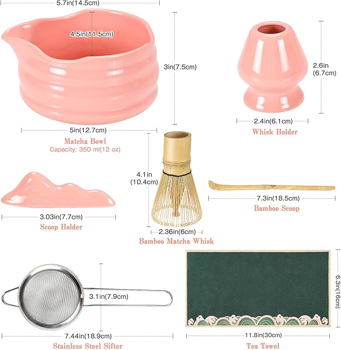Matcha Whisk Set: 7 Pcs Ceramic Matcha Set with Bowl, Whisk, Holder, Scoop, Sifter, Rest & Towel – Japanese Matcha Kit Gift (Sakura Pink)