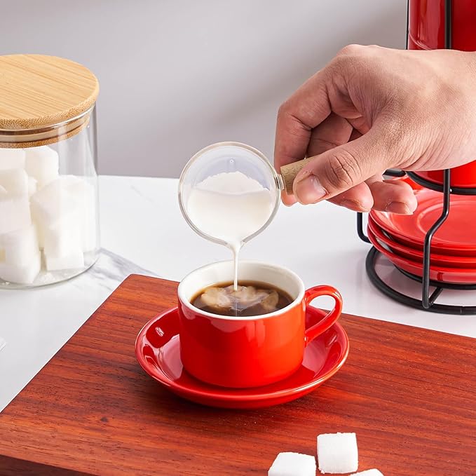 8oz Porcelain Stackable Cappuccino Cups with Saucers and Metal Stand Set of 4, Cappuccino Cups Set of 4, Red Coffee Cups for Espresso, Specialty Coffee Drinks, Latte, Americano and Tea