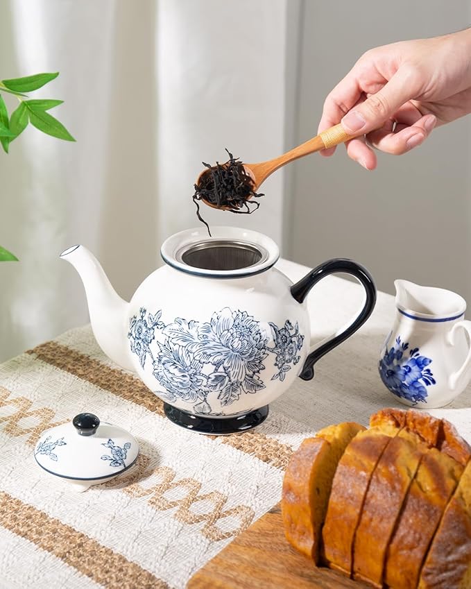 45 Ounce Tea Pot with Infuser, Ceramic Blue and White Teapot, Flowers and Branches