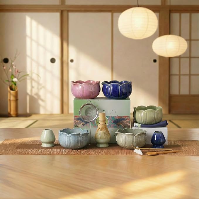 Matcha Whisk Set, Ceramic Matcha Set 8 Pcs, Matcha Kit Set Includes Matcha Bowl, Matcha Whisk and Holder, Bamboo Scoop and Rest, Sifter and Tea Towel, Ideal Gift for Family/Friend (Pink)