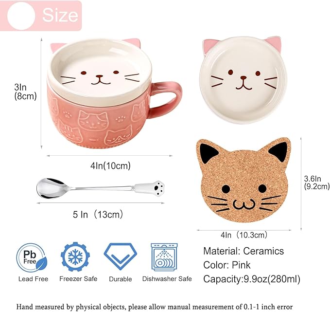 BigNoseDeer Cute Cat Mug Kawaii Tea Cup Pink Ceramic Coffee Mug with lid, Tea Cups and Saucers Preppy Stuff Cute Gifts for Women Cat Lovers Christmas Gifts 10oz