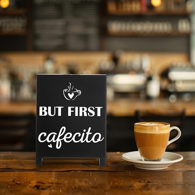 But First Cafecito Desk Decor Sign Retro Coffees Shop Table Display for Coffee Station Home Office Kitchen Bar Cafe Counter Bookshelf Christmas Gift for Coffees Lovers Barista Friends