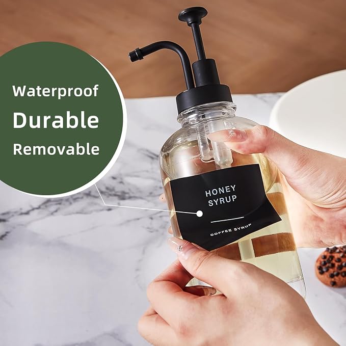 Coffee Syrup Dispenser for Coffee Bar 4Pack Coffee Syrup Pump Dispenser Accessories (500ml) 16.9 oz Glass Syrup Dispenser with 36 Labels,Coffee Syrup Bottles with Matte Pump Black - Image 6