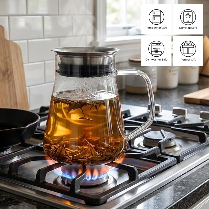Aquach 27oz Glass Teapot with Smart Filter Lid, Stovetop Safe Borosilicate Glass Tea Kettle with Built-in Stainless Steel Infuser, Dishwasher Safe Hot & Iced Tea Maker, Plastic-Free