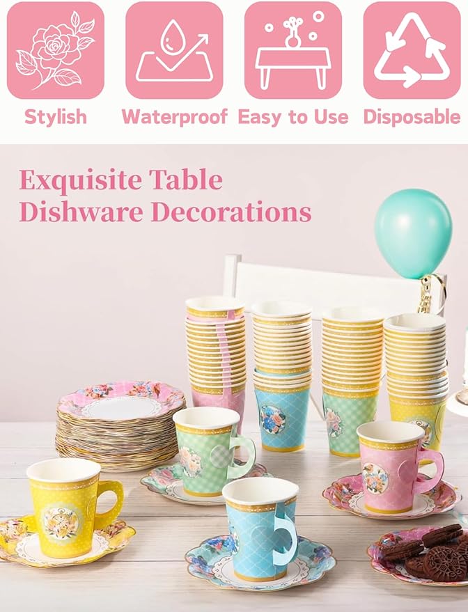 32 Set Floral Paper Tea Cups(8.5 oz) with Handle & 6" Saucers Set, 64pcs Disposable Tea Cup Saucer for Cold & Hot Drinks Serves 32 for Tea Party Wedding Baby Shower Party Supplies
