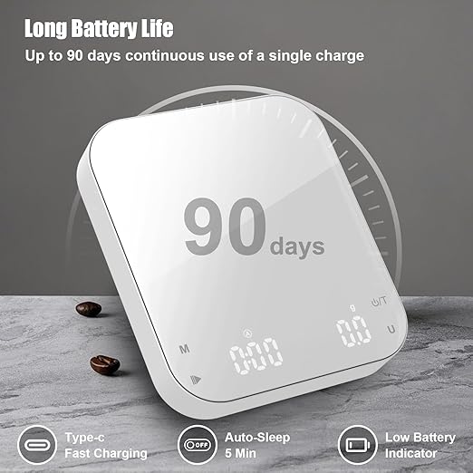 5.9 * 5.1in Coffee Scale with Timer, Diyife 3kg/0.1g High Precision Digital Coffee Scale for Espresso and Pour-Over, Portable, Non-Slip Silicone Mat, Auto-Sleep, White (Type-c Charging Included)