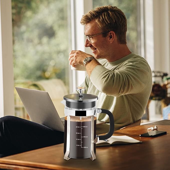 French Press Coffee Maker,34oz 304 Stainless Steel with 2 Filter, Heat Resistant Durable, Easy to Clean, Borosilicate Glass Press, BPA Free Glass TeaPot-34 Ounce 1 Liter (Chrome)