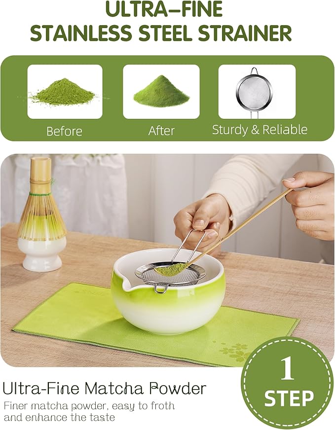 ZENS Matcha Whisk Set, 6pcs Matcha Kit Includes Ceramic Bowl, Handcrafted Bamboo Whisk and Chasen Holder, Scoop, 304 Sifter & Tea Mat，Matcha Set for Tea Ceremony,Latte Making, Green