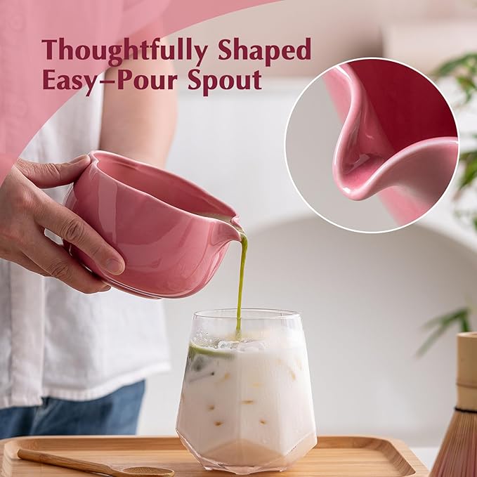 Matcha Set, 8Pcs Floral Ceramic Matcha Kit with Matcha Whisk, Holder, Scoop, Scoop Rest, Sifter, Spoon and Tea Towel - Thoughtful Matcha Whisk Set Gift for Matcha Lovers (Pink)