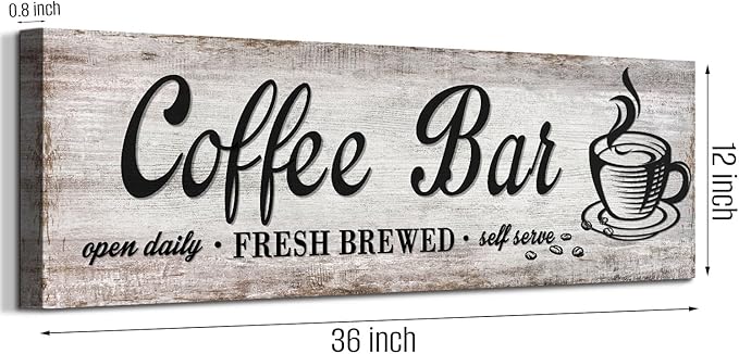 Rustic Wood Grain Coffee Station Decor - Retro Coffee Bar Signs for Kitchen - Self Serve Fresh Brewed Open Daily, Large Farmhouse Wall Hanging Plaque 12"x36"