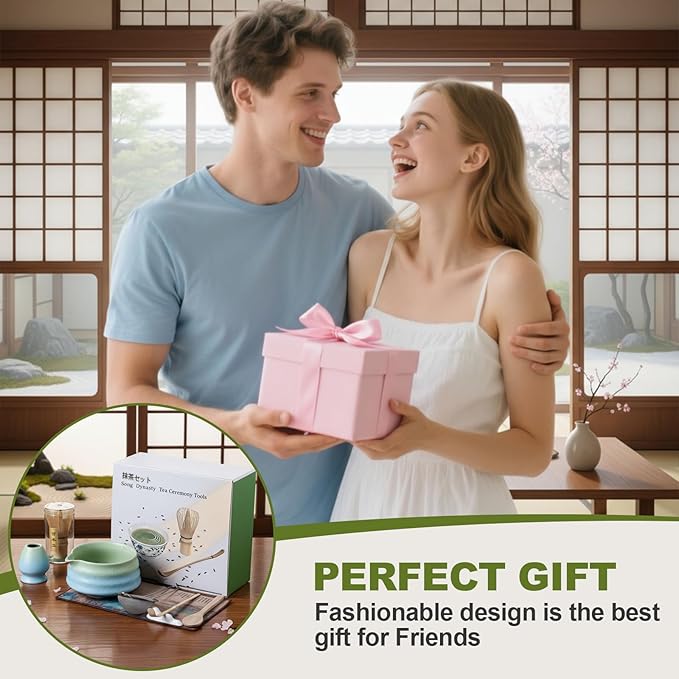 Matcha Whisk Set, 8-Piece Matcha Set & Matcha Kit with Ceramic Bowl, Whisk, Stainless Steel Sifter, Spoon & Natural Wood Holder, for Matcha Lovers（Agate Green）