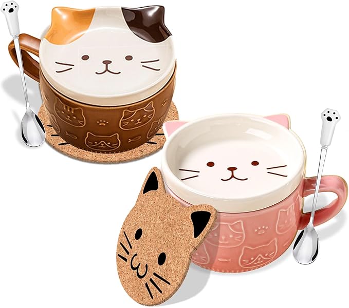 2PCS Cute Mug Kawaii Cat Tea Cup Ceramic Coffee Mug with Lid,Tea Cups and Saucers for Dessert tea mug cute gifts Cat lover Gifts For Women Anime gift for Women Christmas Gifts 10oz (Pink+Brown)