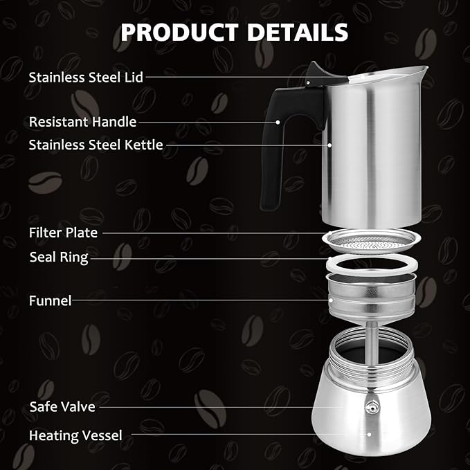 Stovetop Espresso Maker Stainless Steel Moka Pot, 9 cup Espresso Coffee Pots 450ml/15oz(Espresso Cup=50ml)/1.7oz, Italian Coffee Maker for Induction Cookers Hobs, Cafe Maker for Camping Home