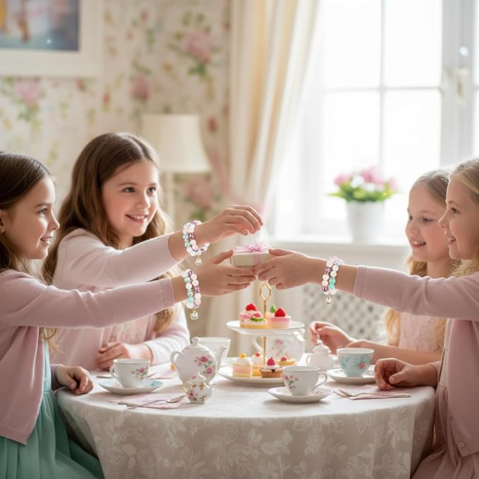 Ecally 6 Pcs Tea Party Favors Bracelet Bulk Mini Flower Tea Pot Beaded Bracelet Gift Party Supplies Pot Pendant Accessories Decorations for Kids Girl