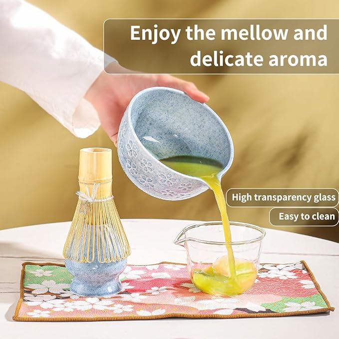 8-Piece Matcha Ceremony Set - Tea Kit with Cherry Blossom Bowl, Bamboo Whisk, Wood Scoops, Tea Cloth & Floral Display - Gift-Ready Pink Cherry color box (blue)