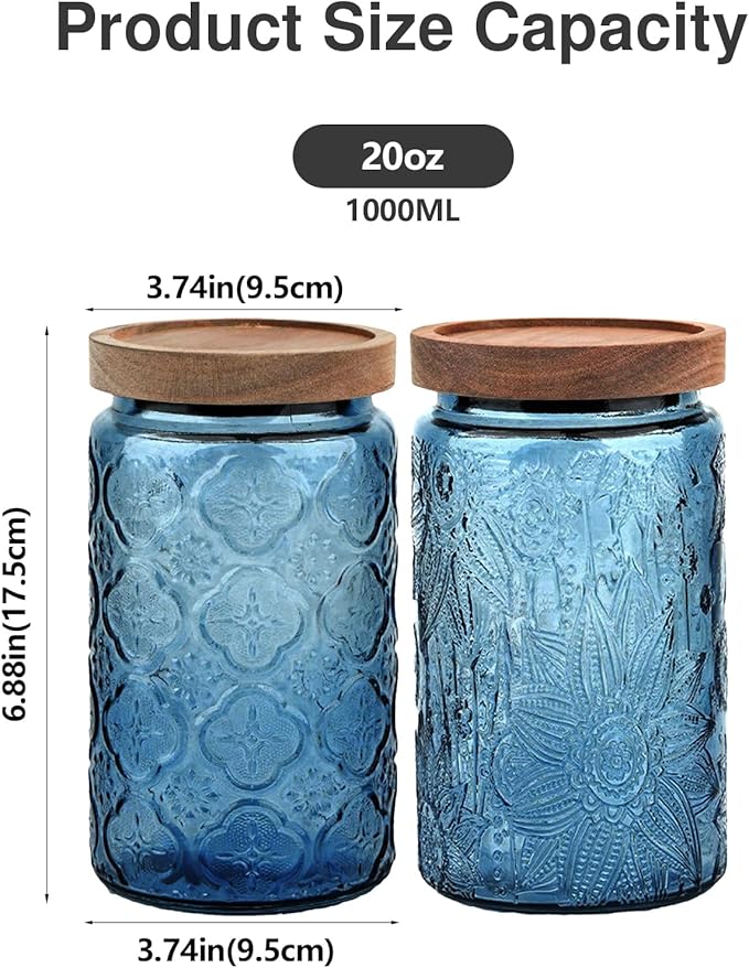 Glass Jar with Lid, Vintage Glass Storage Jars with Airtight Lid Coffee Canister Sugar Container for Kitchen Counter Pantry, Spice, Candy, Coffee Beans, Tea, Oats (34FL OZ Begonia Blue)