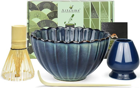Artcome Matcha Tea Set - 17oz Petal-Shaped Matcha Bowl, Bamboo Whisk, Scoop, Whisk Holder & Brewing Guide, Japanese Tea Ceremony Tools for a Perfect Matcha Experience, Grayish Blue