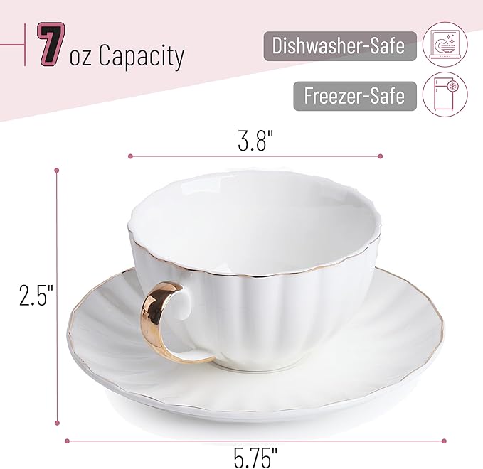 BTaT- Cappuccino Cups with Saucers 7 oz with Gift Box, Set of 6, White Porcelain Coffee Cup and Saucer Set for Latte with Golden Trim Design, Dishwasher Safe, Mocha, Tea, Au Lait, Flat White