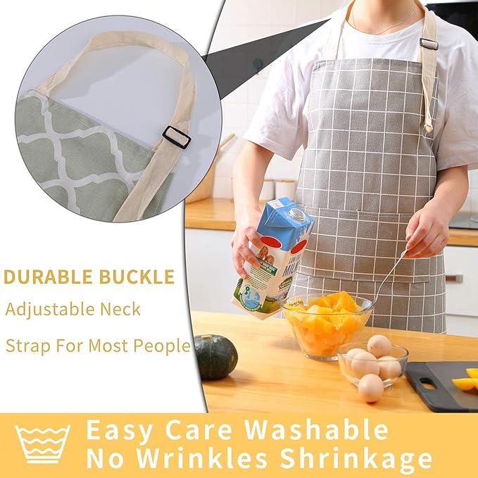 Tosewever 2 Pack Cotton Adjustable Bib Apron for Women, Cooking Kitchen Aprons with Pockets BBQ Drawing, Mom Woman Men Chef (Cotton - Grey/Green, 2) - Image 5