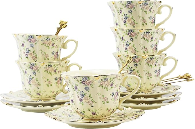 Country Roses Porcelain Tea Cup and Saucer Set with Gold Trim, Vintage Style, For Women and Tea Parties (1, Yellow)
