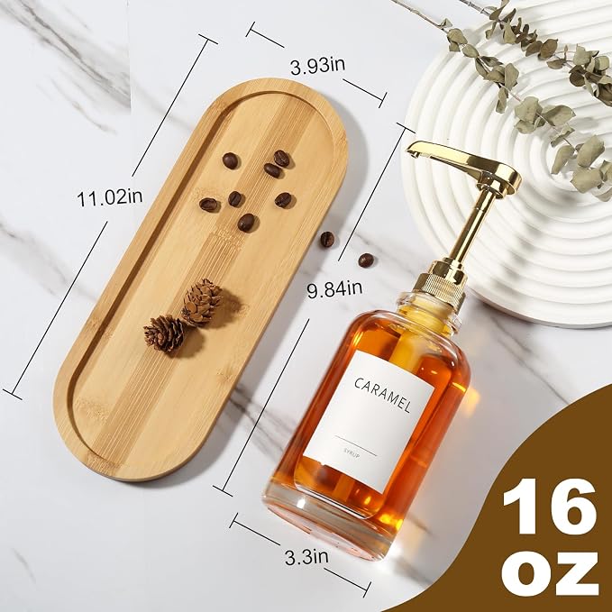 Coffee Syrup Dispenser, Glass Syrup Pump Dispenser for Coffee Bar Accessories, Maple Syrup Bottles with Tray, 16.9 fl oz Simple Syrup Bottles with 1/4oz Large Capacity Gold Pump - Image 2
