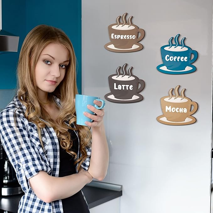 Blulu 4 Pieces Coffee Wooden Wall Art Decor Wooden Coffee Cup Signs Espresso, Latte, Mocha - Rustic Farmhouse and Vintage Cafe Wall Decor