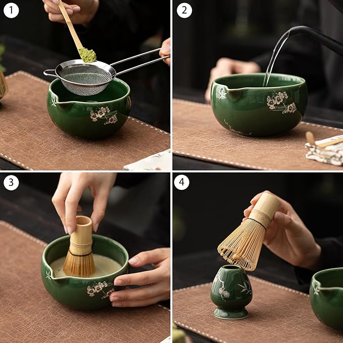 Matcha Whisk Set,8 Pcs Ceramic Matcha Set for Ceremony,Matcha Whisk kit with Bowl,Bamboo Whisk and Holder,Scoop,Sifter,Gift for Matcha Lovers Family and Friend Green