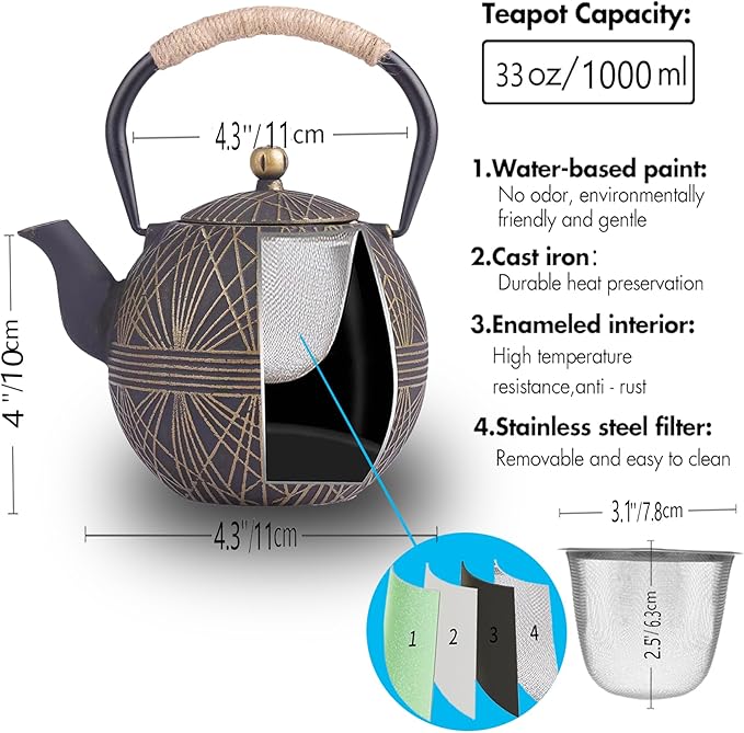 Enameled Cast Iron Teapot 34oz（1000ml） - Japanese Style Kettle with Removable Stainless Infuser & Ergonomic Handle, Stovetop Safe for Loose Leaf Tea Green and silver (Black Gold)