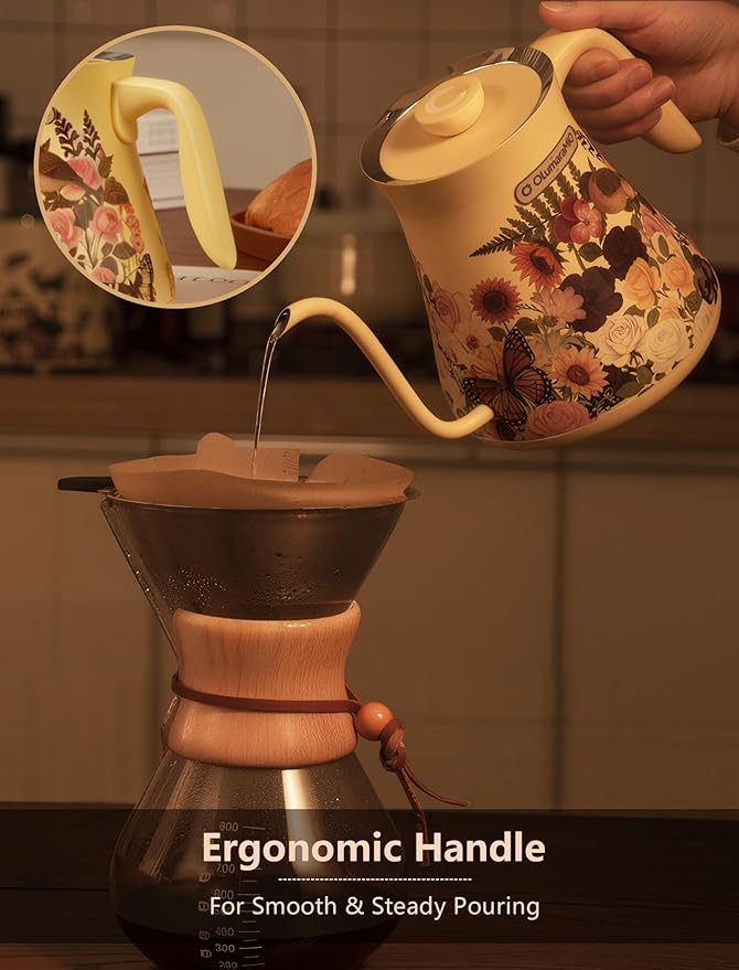 Olumaramio 0.8L/27oz Gooseneck Electric Kettle - ±1℉ Precise Temperature Control for Pour Over Coffee & Tea, 1200W Fast Heating, Auto Shut-Off, Built-in Brew Timer, BPA-Free Stainless Steel, Floral