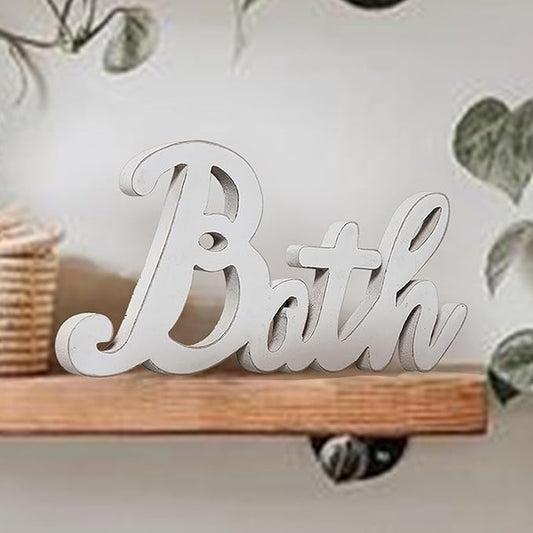 Rustic Bath Signs for Bathroom 14 inches, Hanging Distressed White Bathroom Sign Decor for Shelf, Wooden Wall Signs for Home Decor, Decorative House Sign