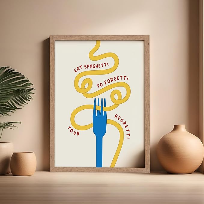 Poster Master Spaghetti Poster - Eat Spaghetti To Forgetti Your Regretti Print - Food & Drink Art - Gift for Chef, Cook - Fun Decor for Restaurant, Kitchen, Dining Room, 16x20 Beige Framed