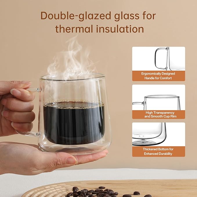 Aurzen 13oz Glass Coffee Mugs,Double Wall Insulated Glass Cups with Handle,Clear Espresso Mugs for Latte,Cappuccino,Tea Bag (2, 13oz)