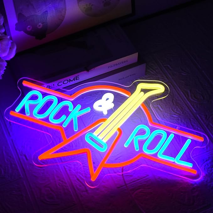 Rock Roll Neon Sign Guitar Neon Sign Led Neon Light for Wall Decor USB Powered Dimmable Music Neon Light for Bar Bedroom Music Studio Vocal Recital Concert Man Cave