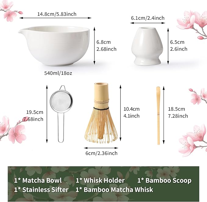 Matcha Whisk Set 5 Pcs, Matcha Kit Set Includes Matcha Bowl, Matcha Whisk and Holder, Bamboo Scoop and Sifter, Ceramic Matcha Set, Matcha Tea Set, Ideal Gift for Family/Friend (White)