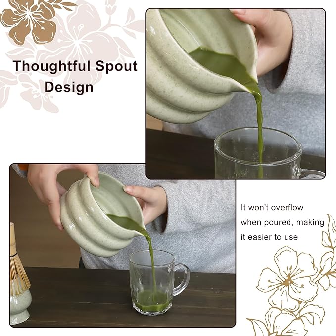 Green Matcha Whisk Set, Ceramic Matcha Kit Set Valentine Gift Present Includes Matcha Bowl, Matcha Whisk and Holder, Bamboo Scoop, Scoop Rest, Sifter and Tea Towel - 7 Pcs Kit for Matcha Lovers