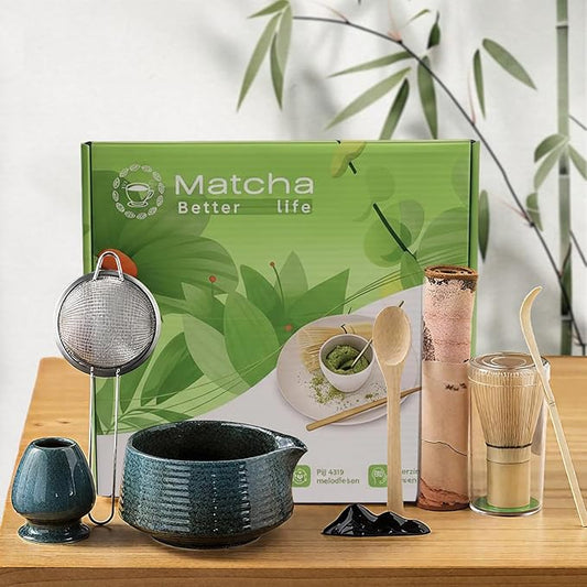 8 Pcs Matcha Whisk Set Chasen Matcha Whisk Bamboo Bowl with Spout Sifter Spoon Scoop Whisk Holder Bamboo Mat Complete Matcha Making Kit (Blue)