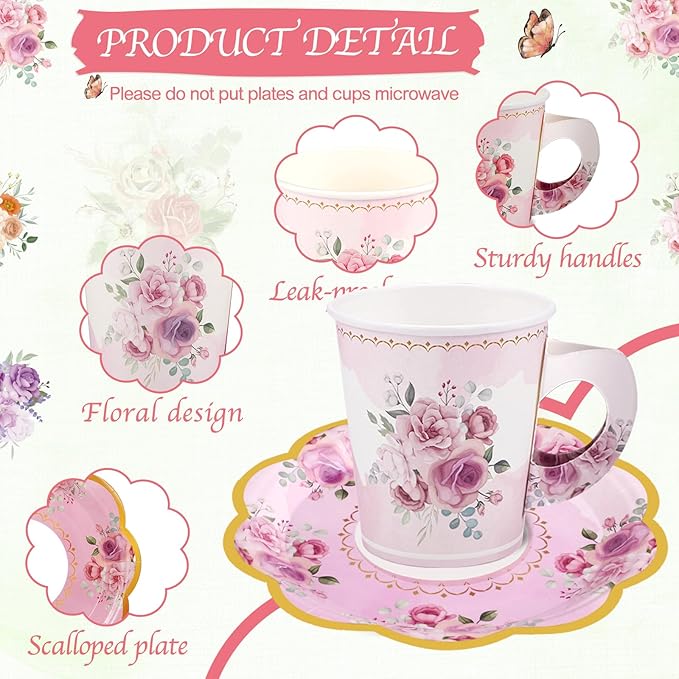 24 Sets Disposable Paper Tea Cups 7 OZ Floral Tea Party Cups with Handle and Plates Teacups and Saucer Sets for Mother's Day Baby Bridal Shower Birthday(Watercolor Style)