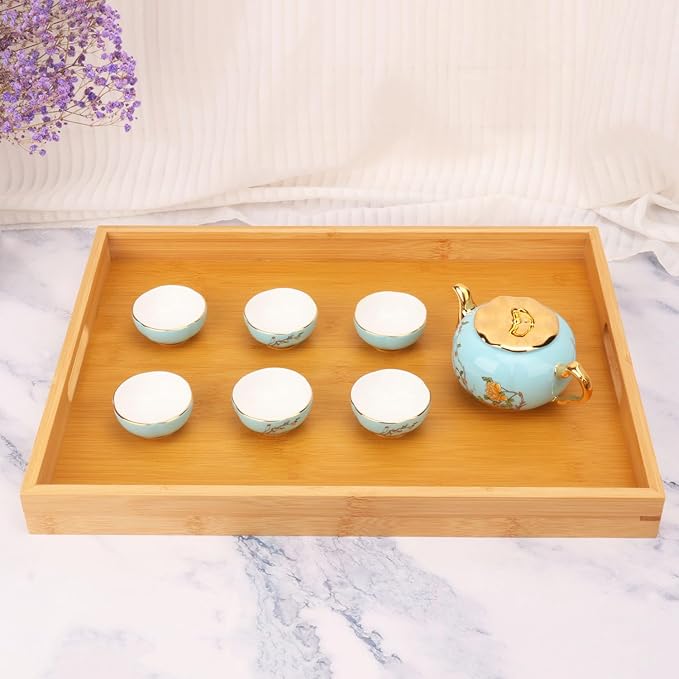 4 Pack Large Bamboo Serving Tray with Handles - 16 x 11.6 Inch Wooden Dinner Tray, Home Kitchen Decorative Tray, Breakfast Trays for Eating on Couch, Lap Trays, Coffee, Kitchen, Picnic
