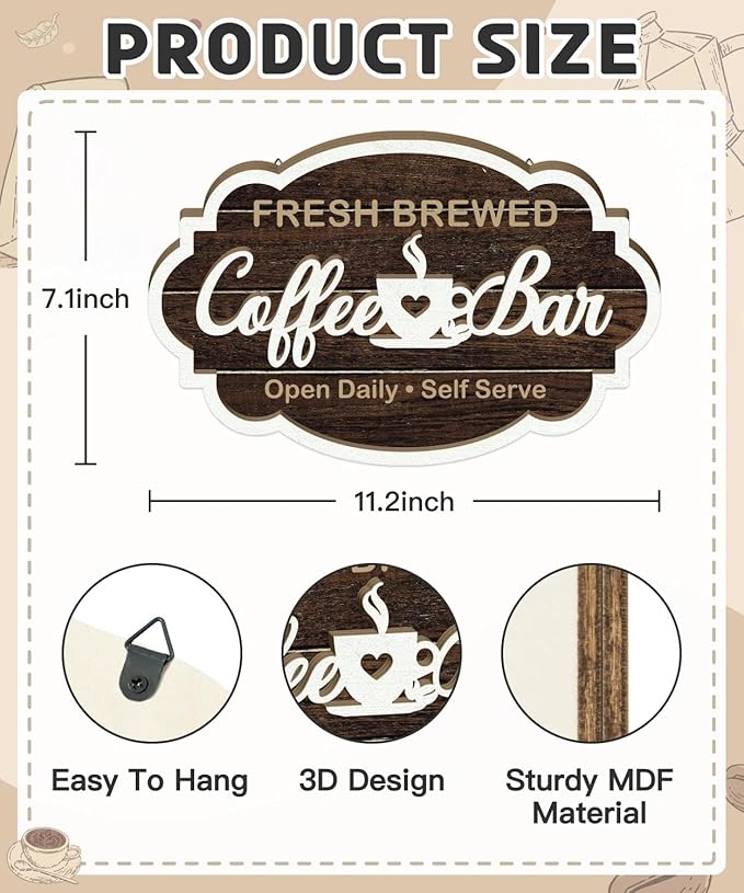 Putuo Decor Vintage Coffee Bar Sign, Farmhouse Coffee Accessories for Cafe Station Wall Decor, Elegant Double-Layer Cafe Sign for Home Kitchen Countertop Decoration, 11.5×7.5in