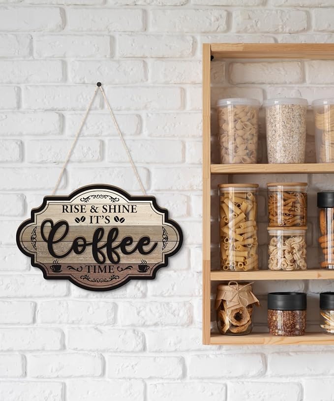 Putuo Decor Farmhouse Coffee Bar Sign, Rise & Shine Its Coffee Time Wall Hanging Sign, Vintage Double Layer Plaque Wall Decor for Home Kitchen Station Rustic Bar Accessories
