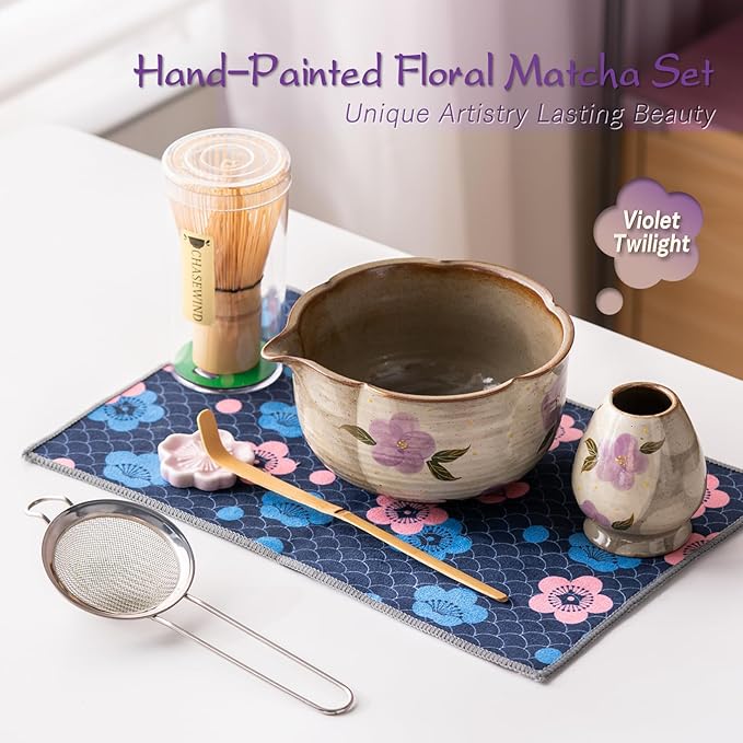 Matcha Whisk Set, 7Pcs Matcha Set with Hand-Painted Ceramic Matcha Bowl, Matcha Whisk and Holder, Scoop and Rest, Sifter, Tea Towel, Artisan Matcha Kit for Ceremony & Gifting (Purple)