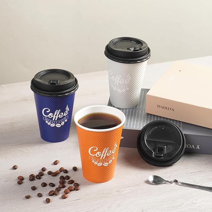 Tamone 100 Pack 12 oz Disposable Coffee Cups with Lids, Insulated Ripple Double-Walled Paper Coffee Cups for Hot Beverages, Cold/Hot Drinking To Go Coffee Cups with Lids for Parties and Travel (Grey)