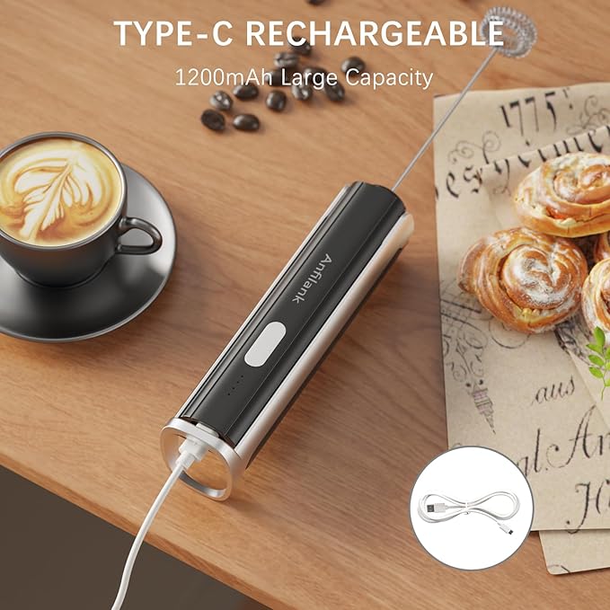 Handheld Milk Frother Wand with Folding Stand, Rechargeable Electric Whisk with 3 Speeds & 3 Stainless Heads, Milk Foam Maker with Stand for Latte, Cappuccino, Hot Chocolate, Egg
