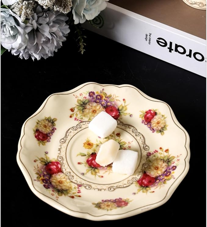 8 oz Vintage flower Ceramic cup and 6" saucer set with Brand customized stainless steel spoon Gifts for Afternoon Tea Coffee Hour (F)