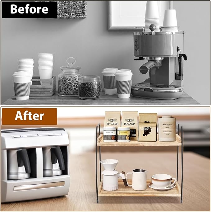 2-Tier Coffee Station Organizer for Countertop, Wooden Coffee Bar Organizer with 2 Cup Hooks, Countertop Storage for Bathroom, Kitchen, Holiday Decorations - Image 5