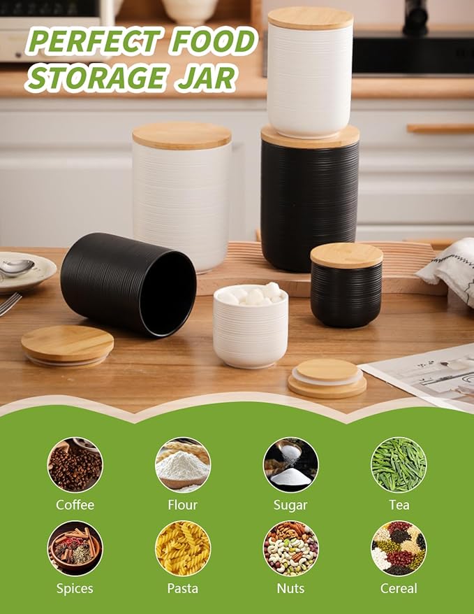 Ceramic Canister Set with Airtight Seal Lid, Kitchen Canisters for Countertop, Black Canisters Sets for Flour, Coffee, Bean, Sugar, Tea, Spices and More, Home Decor (Set of 3)